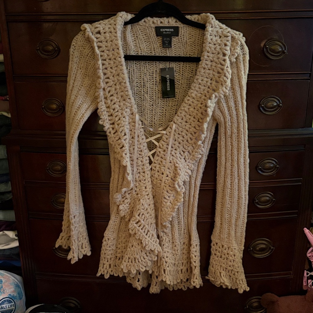 Express Cream Crochet-Trim Lace-Up Knit Cardigan